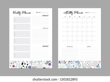 Monthly Planner plus Weekly List Templates. Organizer and Schedule with Notes and To Do List. Vector