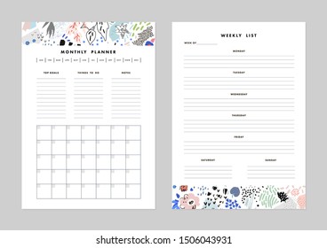 Monthly Planner plus Weekly List Templates. Organizer and Schedule with Notes and To Do List. Vector