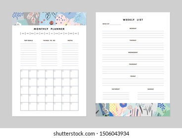 Monthly Planner plus Weekly List Templates. Organizer and Schedule with Notes and To Do List. Vector