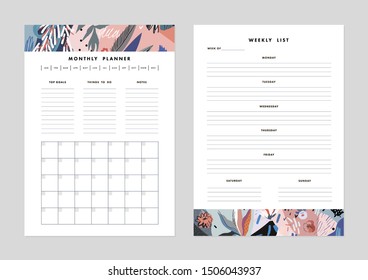 Monthly Planner plus Weekly List Templates. Organizer and Schedule with Notes and To Do List. Vector