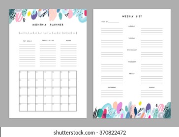 Monthly Planner plus Weekly List Templates. Organizer and Schedule with Notes and To Do List. Vector. Isolated