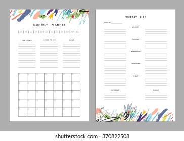 Monthly Planner plus Weekly List Templates. Organizer and Schedule with Notes and To Do List. Vector. Isolated