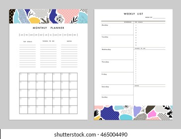 Monthly Planner plus Weekly List Templates. Organizer and Schedule with Notes and To Do List. Vector. Isolated