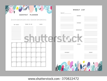 Monthly Planner plus Weekly List Templates. Organizer and Schedule with Notes and To Do List. Vector. Isolated