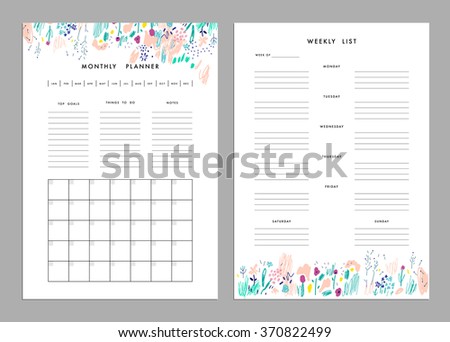 Monthly Planner plus Weekly List Templates. Organizer and Schedule with Notes and To Do List. Vector. Isolated