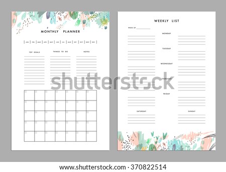 Monthly Planner plus Weekly List Templates. Organizer and Schedule with Notes and To Do List. Vector. Isolated