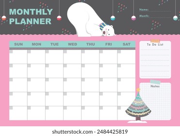 Monthly planner with polar bear and cute elements in flat cartoon style. Schedule template, monthly planner for printing. Cartoon polar bear vector illustration for kids. To do list, Notes.