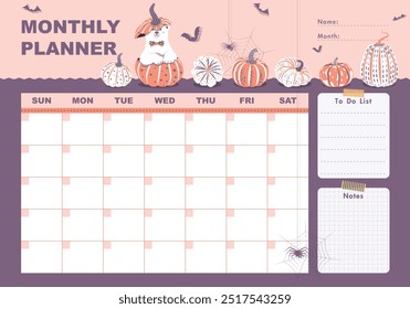 Monthly planner with Polar bear and pumpkin in flat cartoon style. Schedule template, monthly planner for printing. Cartoon Halloween background vector illustration for kids. To do list, Notes.