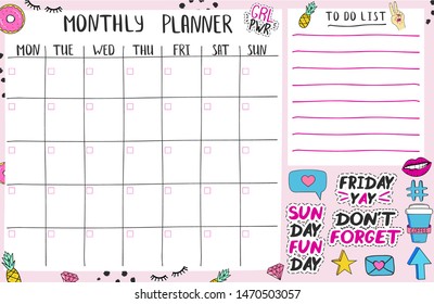 Monthly planner printable page template, with cute elents and stickers