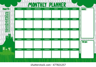 Monthly planner printable. Take advantage of the city. Green and gray colors. Funny calendar to hand write. Area reserved for notes.