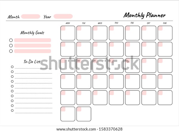 Monthly Planner Printable Template Vector Blank Stock Vector Royalty Free 1583370628