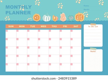 Monthly planner with pumpkins and cute elements in flat cartoon style. Schedule template, monthly planner for printing. Cartoon pumpkins vector illustration for kids. To do list, Notes.