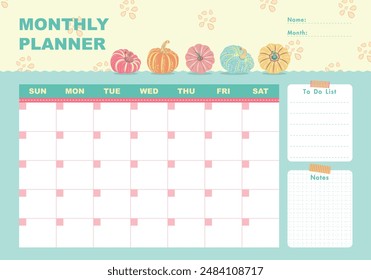 Monthly planner with pumpkins flat cartoon style. Schedule template, monthly planner for printing. Cartoon pumpkins vector illustration for kids. To do list, Notes. Summer vacation.