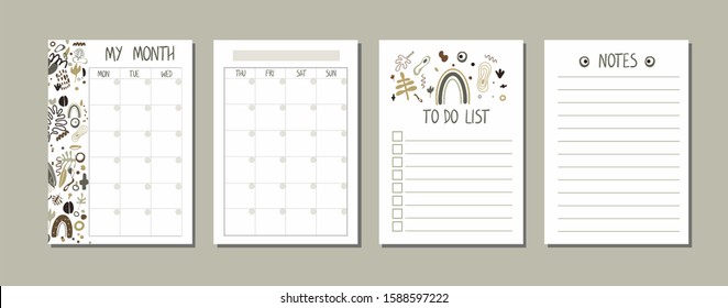 Monthly planner ready to print. Templates of daily to-do lists with notes. Vector. Abstract elements. Pages are suitable for planners, notebooks and diaries.
