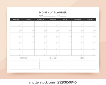 Planificador mensual. Programar el mes con la lista de tareas pendientes, notas y prioridades. Plantilla de calendario. Organizador de la casa. Página de diario simple. Vaciado del diario. Ilustración vectorial. Tamaño de papel A4. 