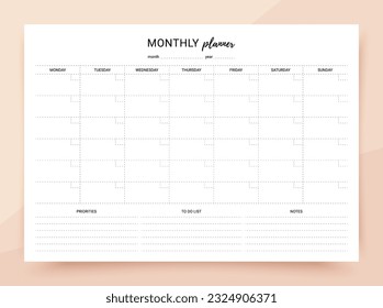 Monthly planner. Schedule for month with notes, to do list and priorities. Timetable template. Homework organizer. Simple journal page. Vector illustration. Empty blank of diary. Paper size A4. 