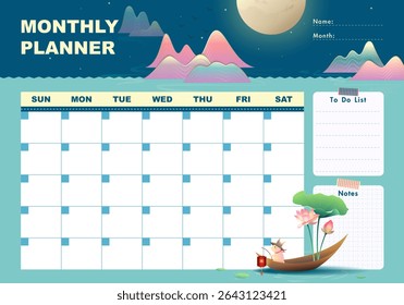 Monthly planner with serene moonlit lake, pastel mountains, blooming lotus and a bunny on a boat. Includes to-do list, notes section and ample writing space—perfect for organized monthly planning.