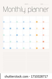 Monthly planner with space for notes on all days of the month. A4 sheet proportion. Soft colors.