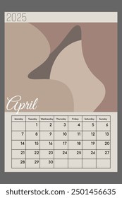 Monthly planner template for April 2025. Calendar grid for notes. Week starts on Monday. Beige abstract minimalist calendar background. Vertical A4 planner isolated on gray background.