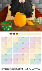 Monthly planner template. Bearded man at the table with hot drinks in colorful mugs in the background. Dragon birth from the cracked egg. Flat style illustration.