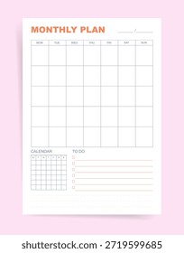 Plantilla de planificador mensual con cuadrícula de calendario en blanco, mini rastreador y lista de tareas pendientes
