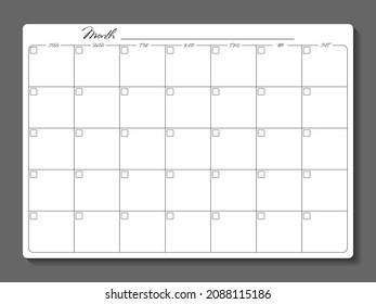 Monthly planner template. Blank notebook page isolated on grey. Paper sheet.