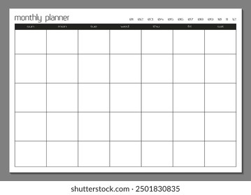 Monthly planner template. Blank notebook page isolated on grey. Business organizer page. Paper sheet 22