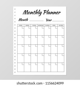 Monthly planner template. Blank white notebook page isolated on grey. Organizer page. Paper sheet. Stationery for education, office and planning a routine. Realistic vector illustration.  