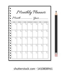 Monthly planner template. Blank white notebook page with pencil isolated on white. Organizer page. Paper sheet. Stationery for education, office, life planning. Realistic vector illustration.