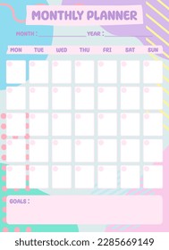 Monthly planner template with colorful hand drawn geometric background. Flat style. Vector illustration.