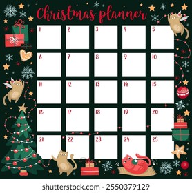 Monthly planner template with cute cats characters. Grid for notes. Stone wall. Christmas planner, organizer template, wish list. Vector illustration