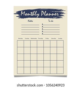 Monthly planner template design with grunge element notes and to do list. Vector diary page, schedule organizer month, plan day illustration