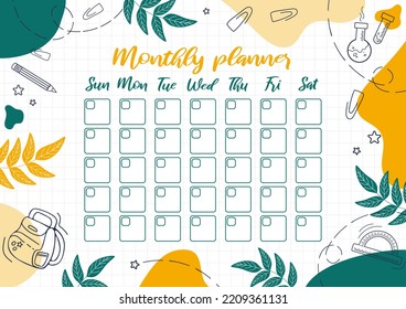 Monthly planner. Template design, important dates. Schedule for printing, calendar for study or work. transporter, backpack, test tubes and a notebook. Bright modern sketch style illustration. - Powered by Shutterstock - Get 15% off with code: PIKWIZARD15