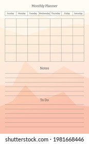 Monthly planner template. to do tasks list and notes with column and row lining. diary notebook notepad on multi-colored sheets with abstract bright background of gradient peaks of mountains