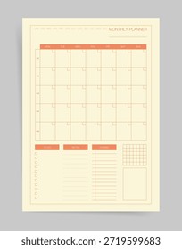 Modelo de planejador mensal com grade de calendário com rótulos de semana, tarefas pendentes, anotações e seções de tarefas, além de caixas de rastreamento. Design bege e laranja mínimos para programação e gerenciamento organizados.