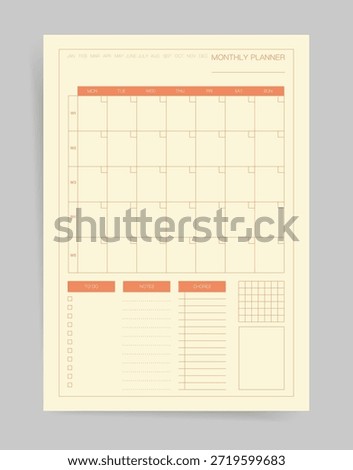 Monthly planner template featuring calendar grid with week labels, to do, notes and chores sections plus tracker boxes. Minimal beige and orange design for organized scheduling and management.