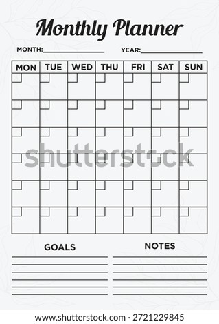 Monthly planner template featuring an organized layout with a goals and notes section, perfect for student scheduling, office management, and digital notebook design.