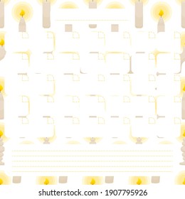 Monthly planner template. Grid for notes. Hand drawn lettering. Pattern with burning candles in the background. Flat style illustration.