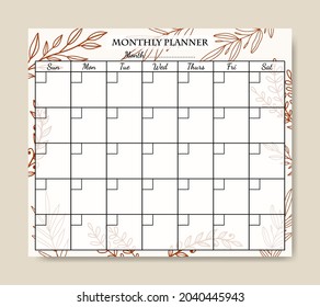 Monthly Planner Template with Hand Drawn Line Art Leaf Background Printable