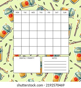 Plantilla de planificación mensual. Un planificador de la organización mensual del tiempo con un patrón sin fisuras en el fondo. Cae ánimo. Calendario.