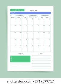 Monthly planner template with objective bar and priority section. Calendar grid with check circles for each day, notes area, printable vector organizer for goals and schedules.