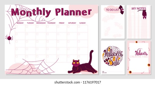 Monthly planner template. Organizer and schedule with place for notes. Halloween elements for scrapbooking.  Vector Illustration. Trick or Treat Concept.