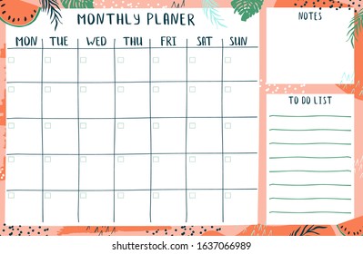 Monthly planner template with place for notes. Printable vector illustration in moden abstract style.