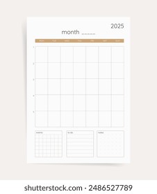 Plantilla mensual del planificador con lugar para notas, para hacer y eventos. Diseño de Vector imprimible para cada planificador de calendario mensual para la actividad de estudio, agenda de oficina y uso laboral. 