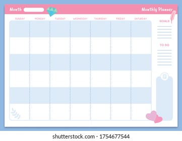 Monthly planner template. Printable organizer and schedule with notes and week days. Goals and to do section. Calendar for studying at school or university or work with diamond vector illustration.