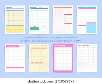 Conjunto de Plantilla de planificador mensual de ocho diseños imprimibles A4 con calendarios, rastreadores y secciones de tareas pendientes. Diseños coloridos con notas y áreas de objetivos; colección de Vector para organizar horarios.