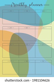 Monthly planner template in vector with abstract figures, colorful planner list