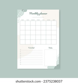 Monthly planner template Vector. Blank white notebook page A4.