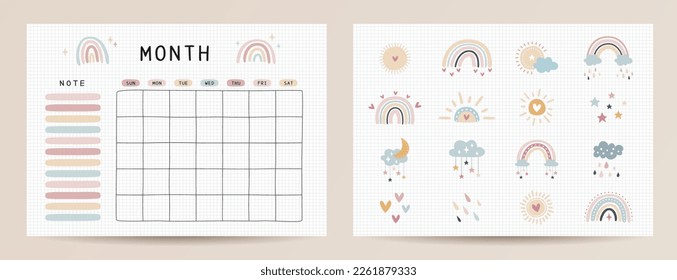 Monthly planner template. Vector illustration.