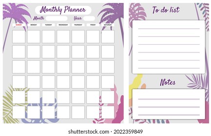 Monthly Planner template vector. Palms floral decoration background, To Do list, notes. Business notebook management, organizer